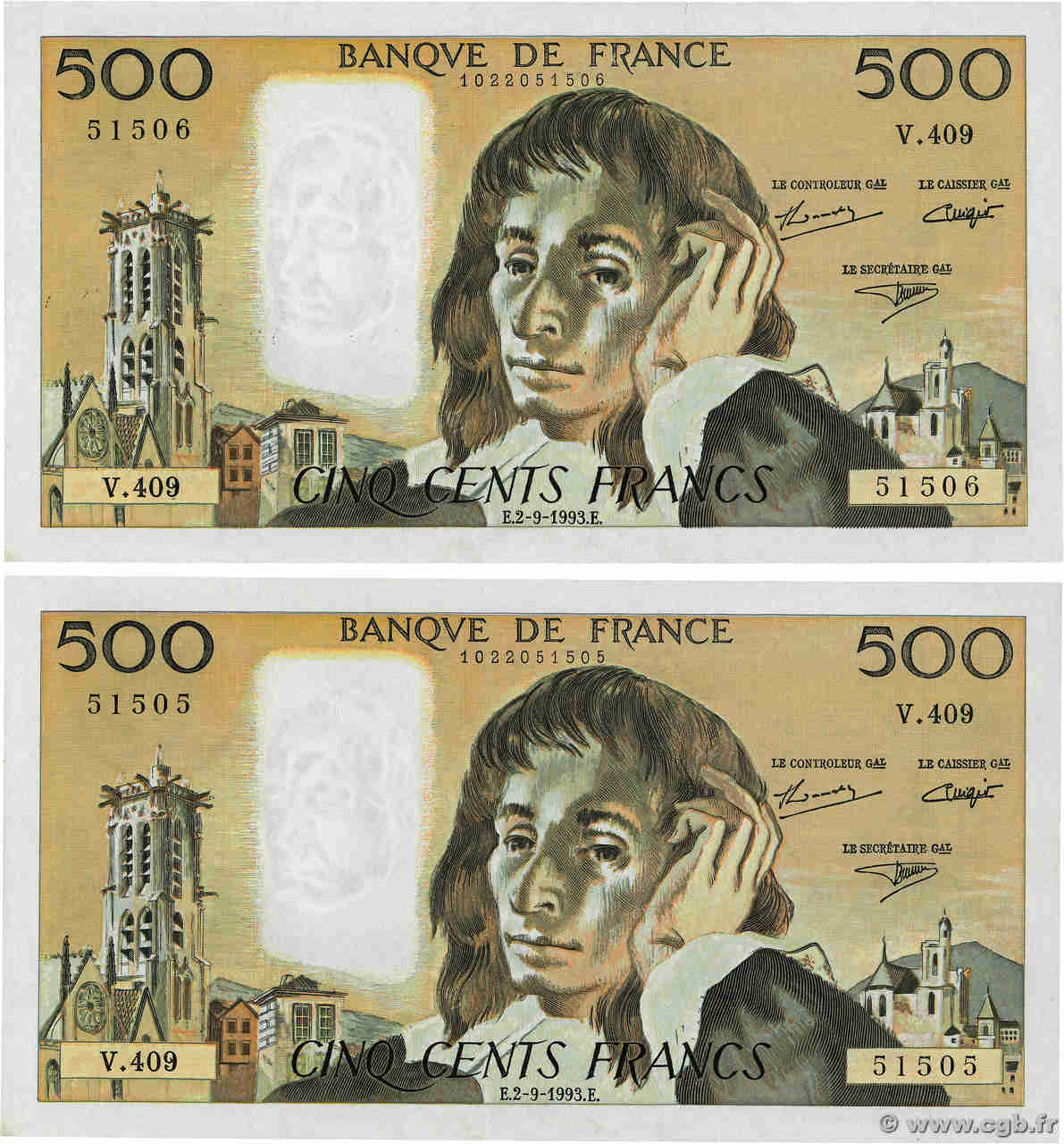 500 Francs PASCAL Consécutifs FRANCIA  1993 F.71.52 AU+