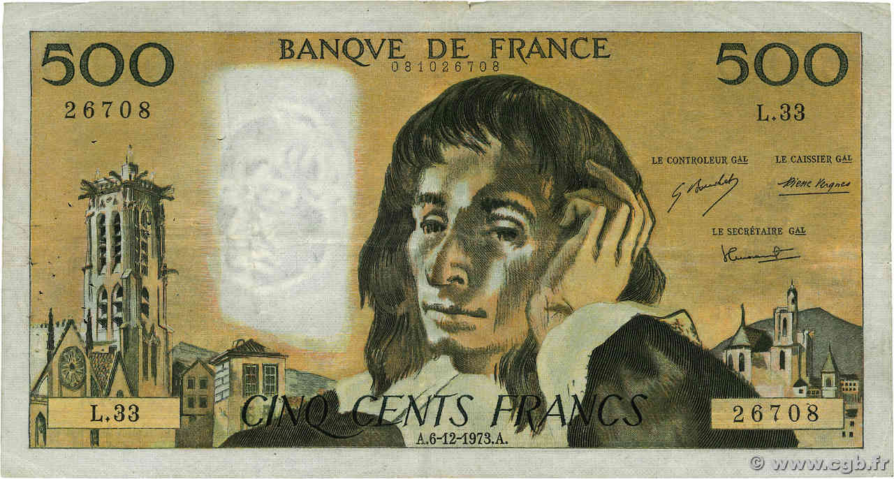 500 Francs PASCAL FRANCE  1973 F.71.10 TB