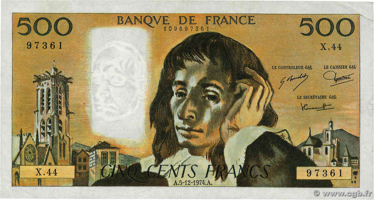 500 Francs PASCAL FRANKREICH  1974 F.71.12 fSS