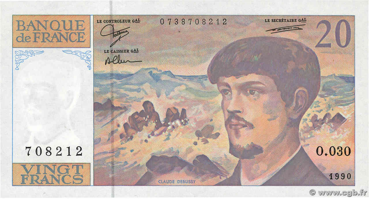 20 Francs DEBUSSY à fil de sécurité FRANCIA  1990 F.66BIS.01 SC+