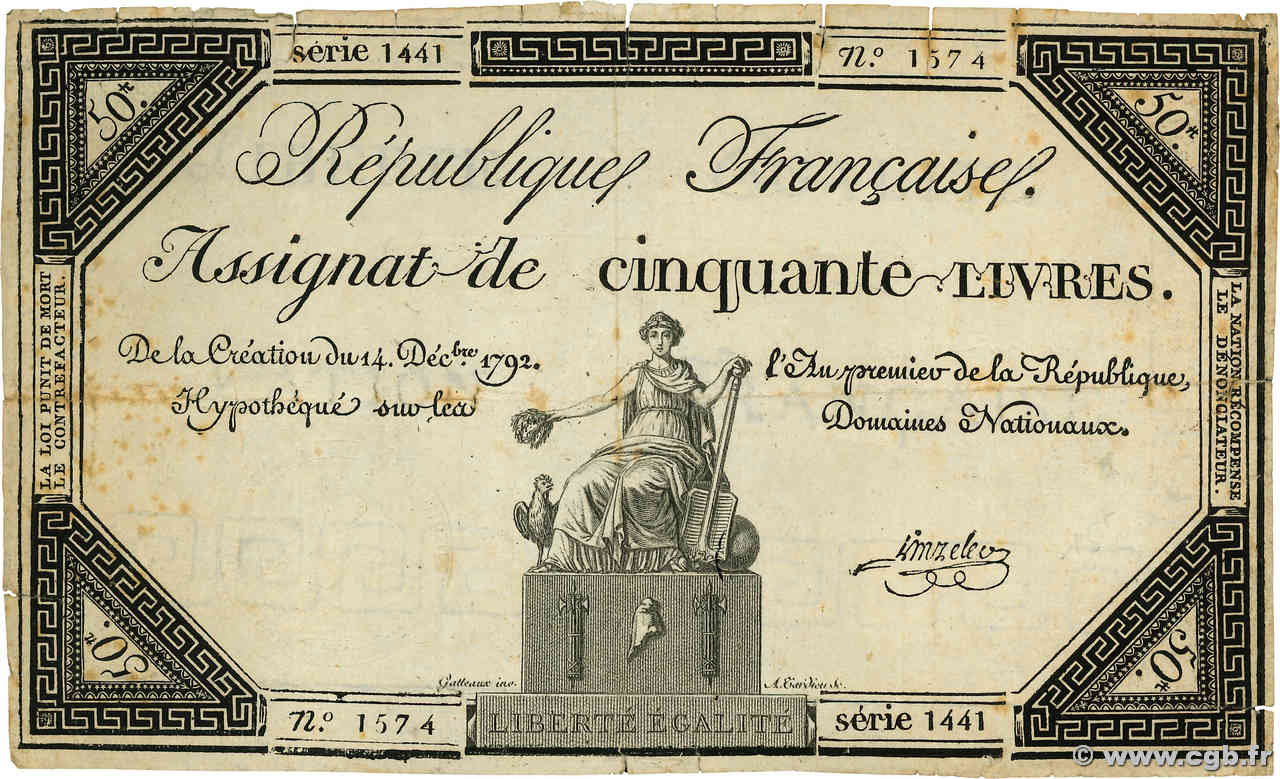 50 Livres FRANCIA  1792 Ass.39a MB