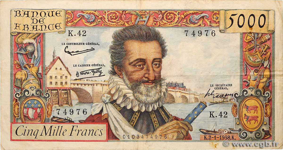 5000 Francs HENRI IV FRANCE  1958 F.49.05 VF-