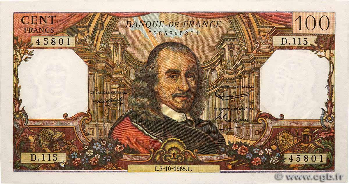 100 Francs CORNEILLE FRANKREICH  1965 F.65.09 fST+