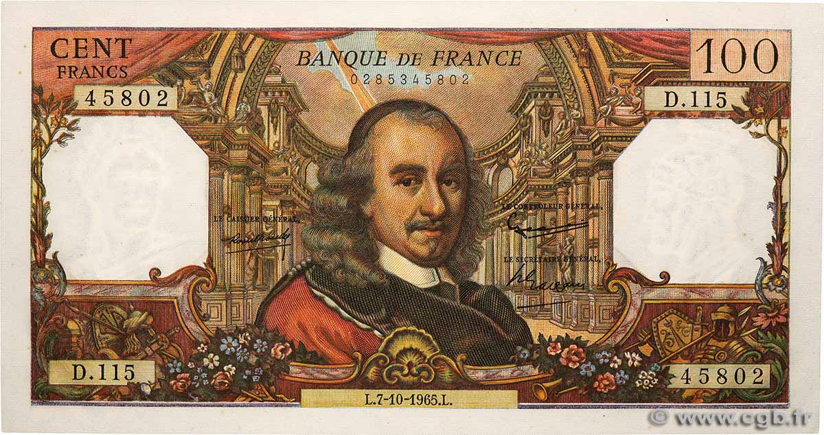 100 Francs CORNEILLE FRANKREICH  1965 F.65.09 fST+