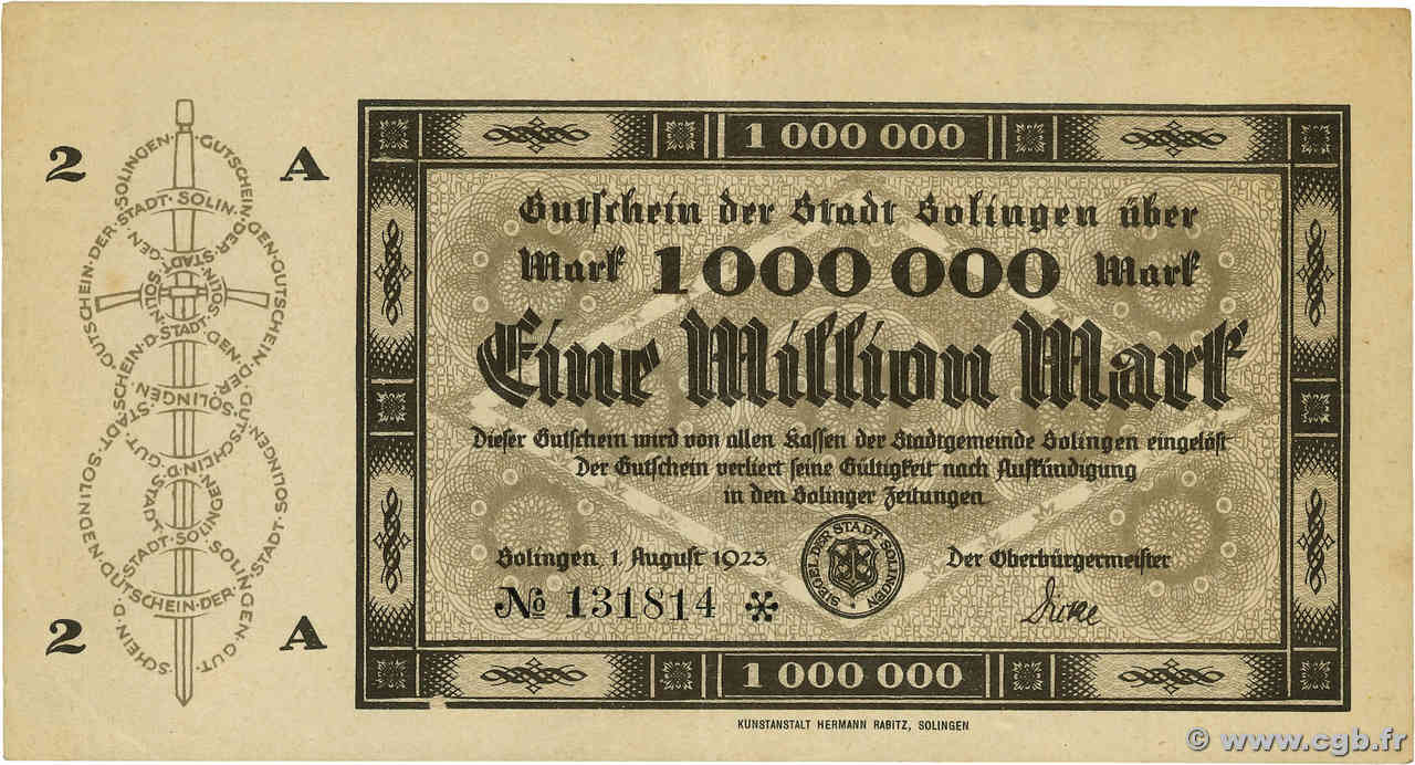 1 Million Mark GERMANIA Solingen 1923 P.- q.SPL