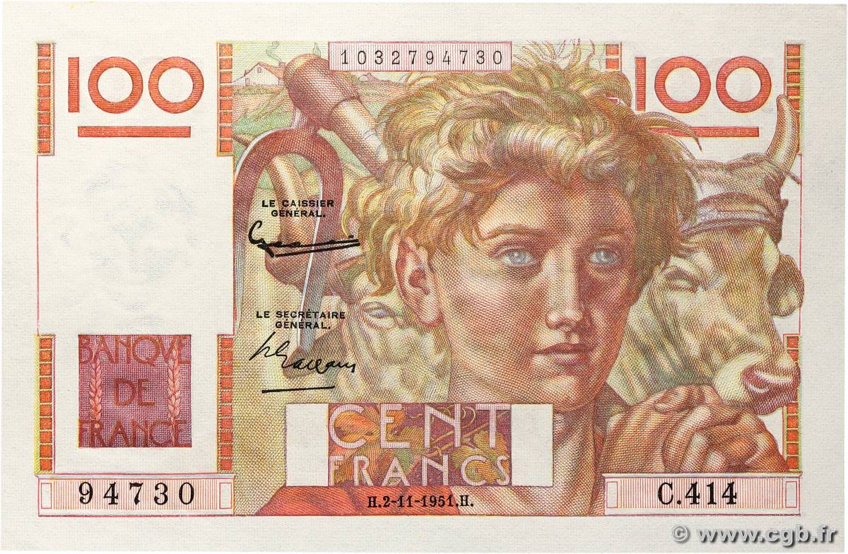 100 Francs JEUNE PAYSAN FRANCE  1951 F.28.30 UNC-