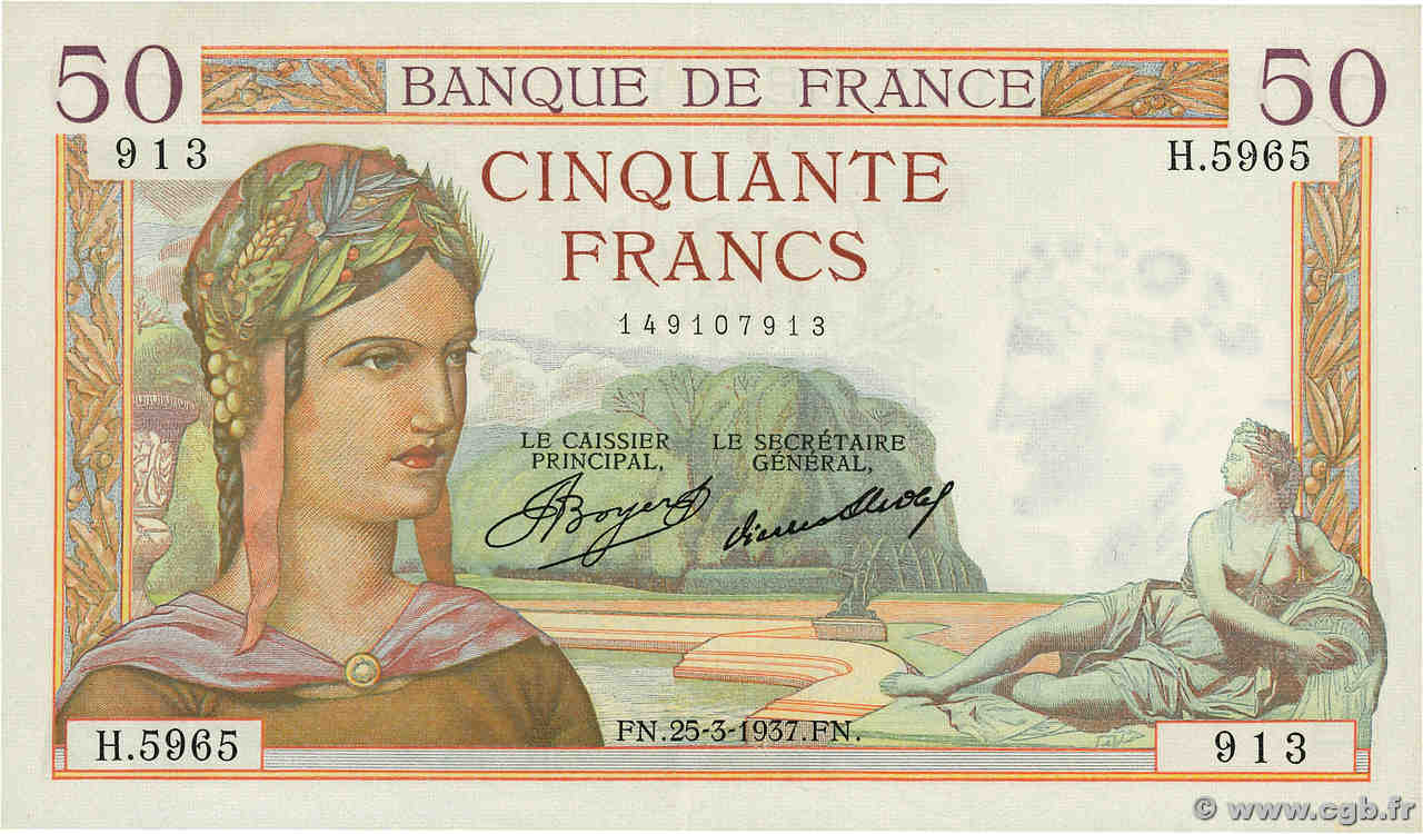 50 Francs CÉRÈS FRANCE  1937 F.17.36 AU-