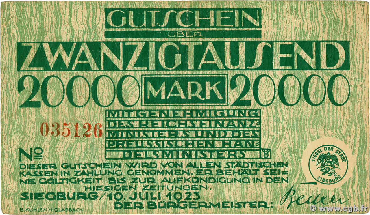 20000 Mark GERMANIA Siegburg 1923 P.- q.SPL