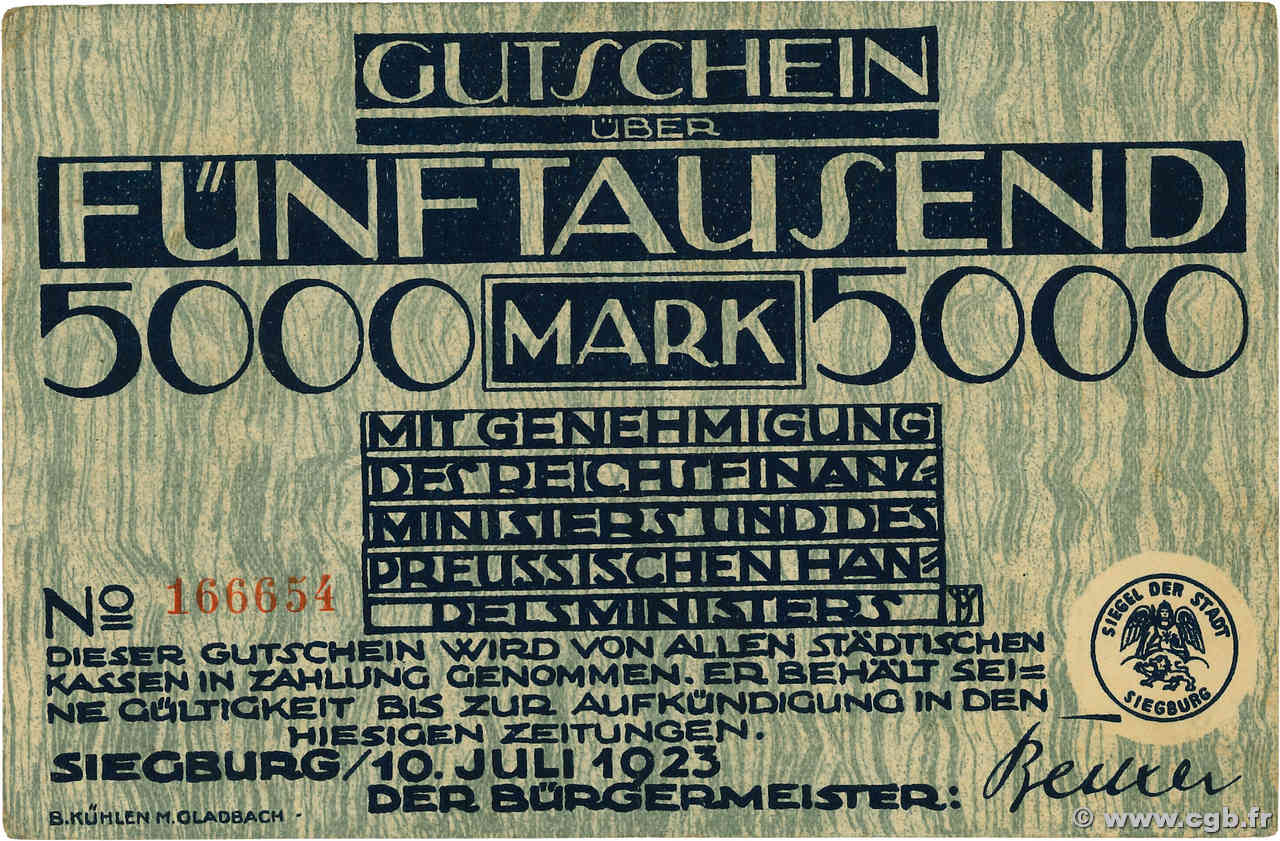 5000 Mark DEUTSCHLAND Siegburg 1923 P.- fVZ