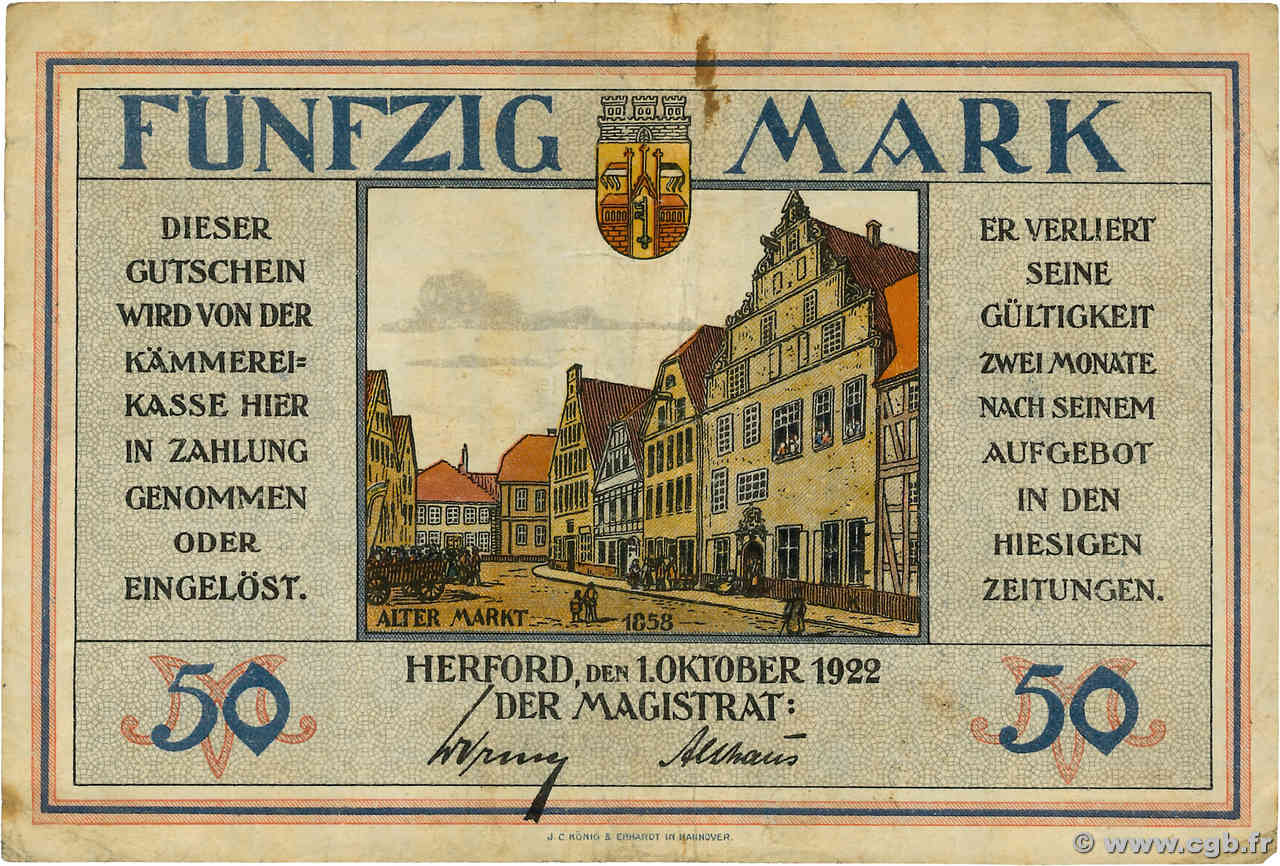 50 Mark ALLEMAGNE Herford 1922 P.-- TB+