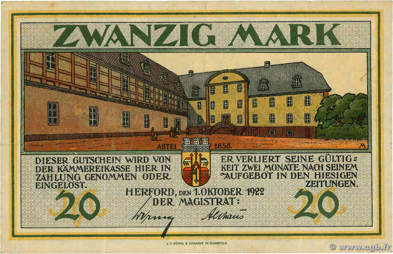 20 Mark GERMANIA Herford 1922 P.-- q.BB