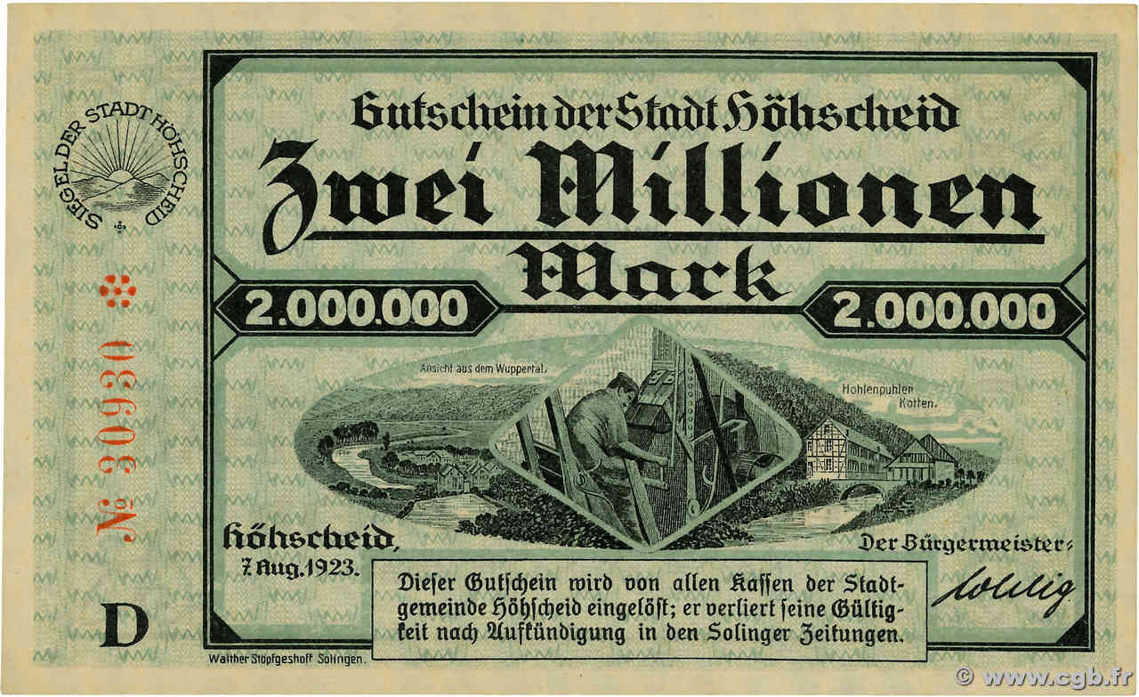 2 Millions Mark GERMANY Höhscheid 1923 P.-- XF+