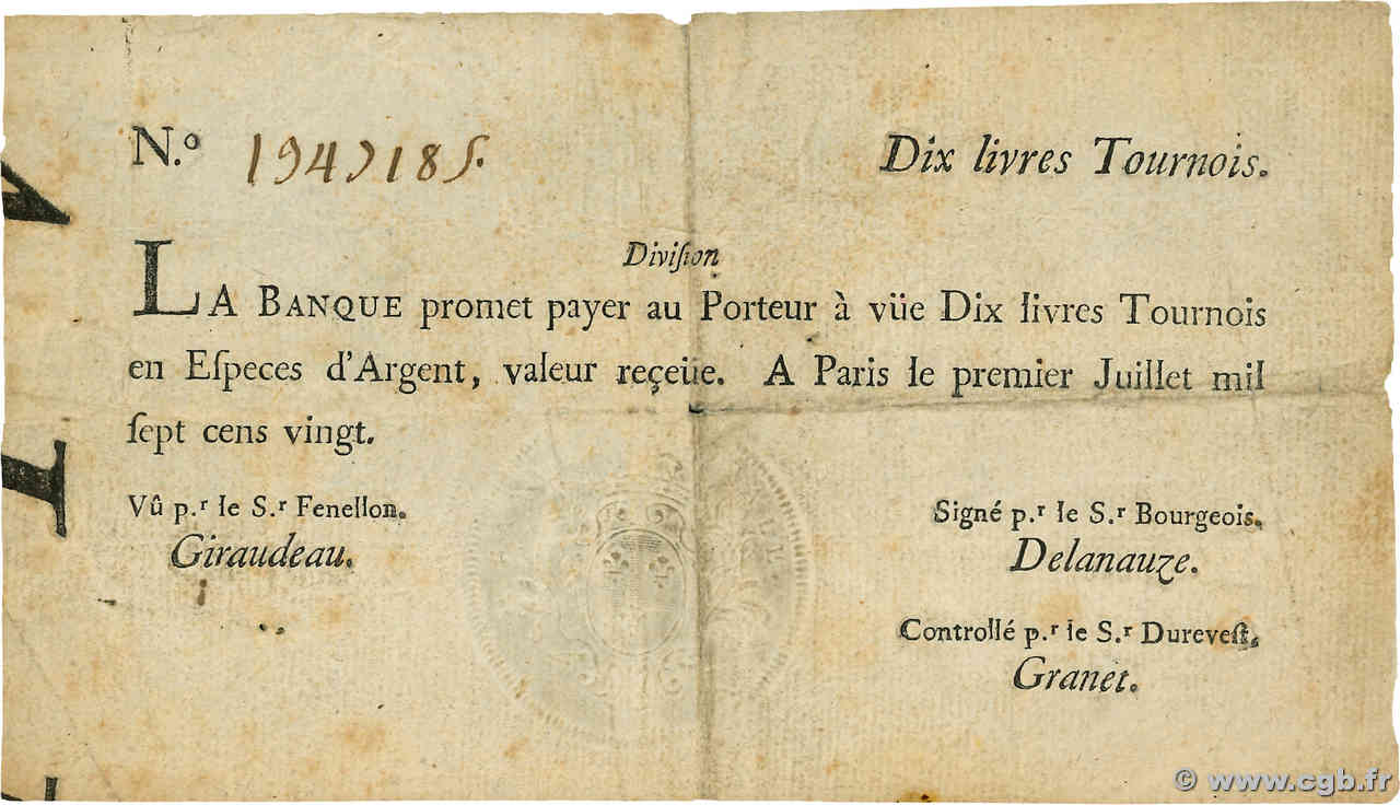 10 Livres Tournois typographié FRANCIA  1720 Dor.22 q.BB