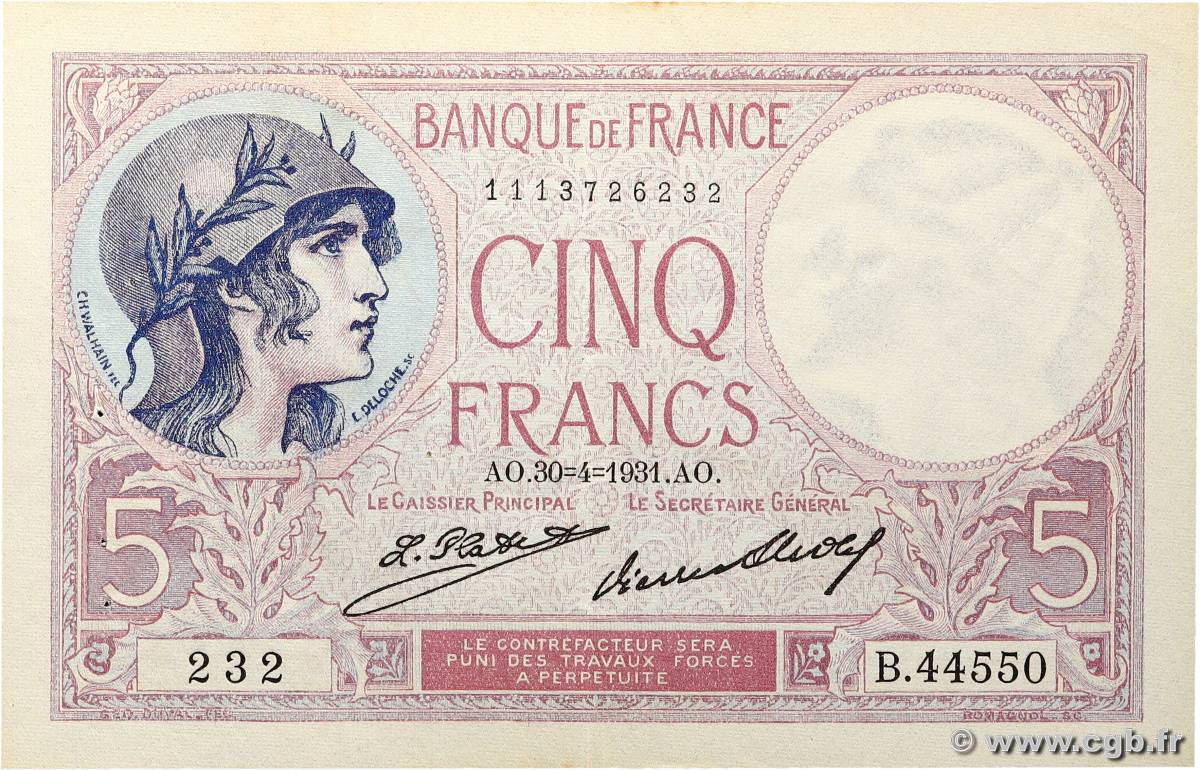 5 Francs FEMME CASQUÉE FRANCIA  1931 F.03.15 EBC