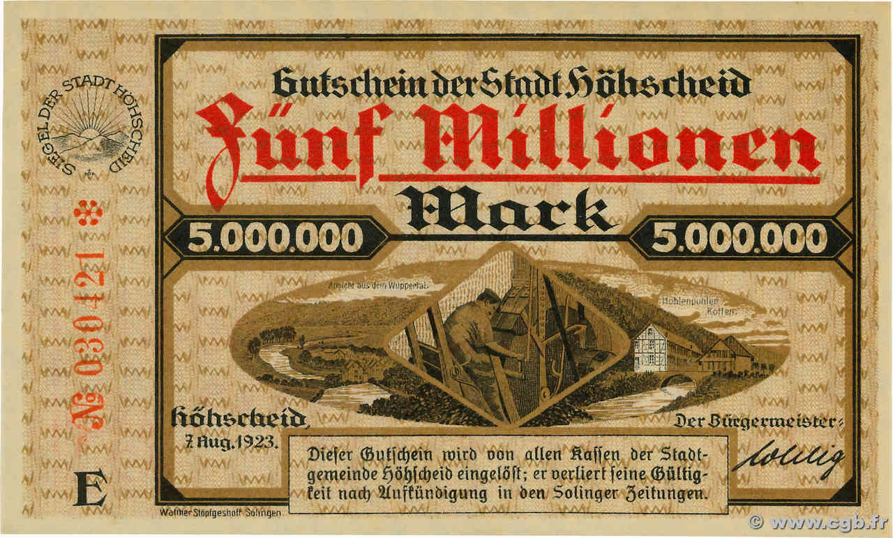 5 Millions Mark ALLEMAGNE Höhscheid 1923 P.-- SPL