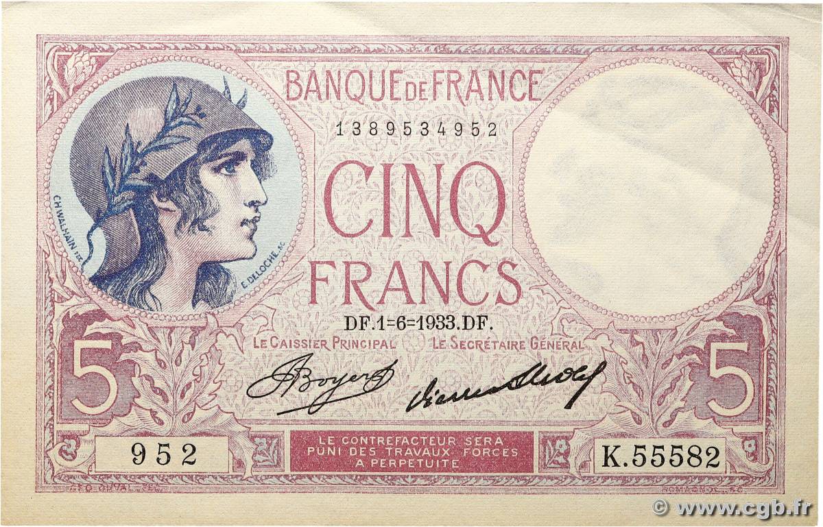 5 Francs FEMME CASQUÉE FRANCE  1933 F.03.17 AU