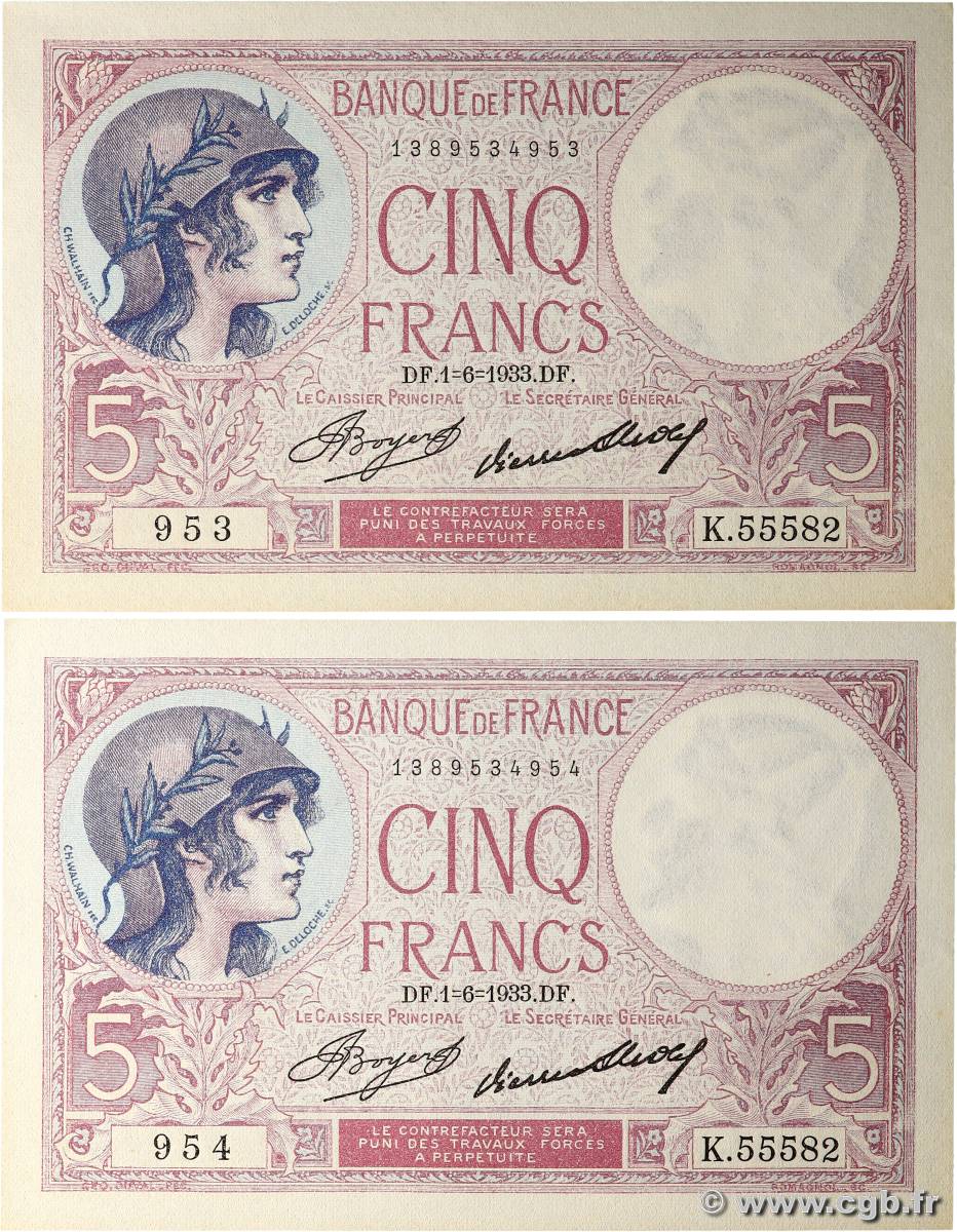 5 Francs FEMME CASQUÉE Consécutifs FRANCE  1933 F.03.17 UNC-