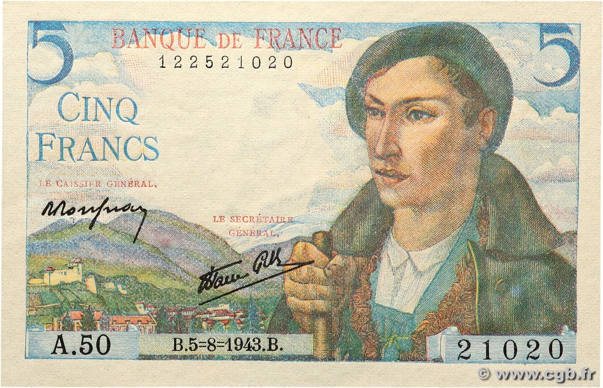 5 Francs BERGER FRANCE  1943 F.05.03 AU-