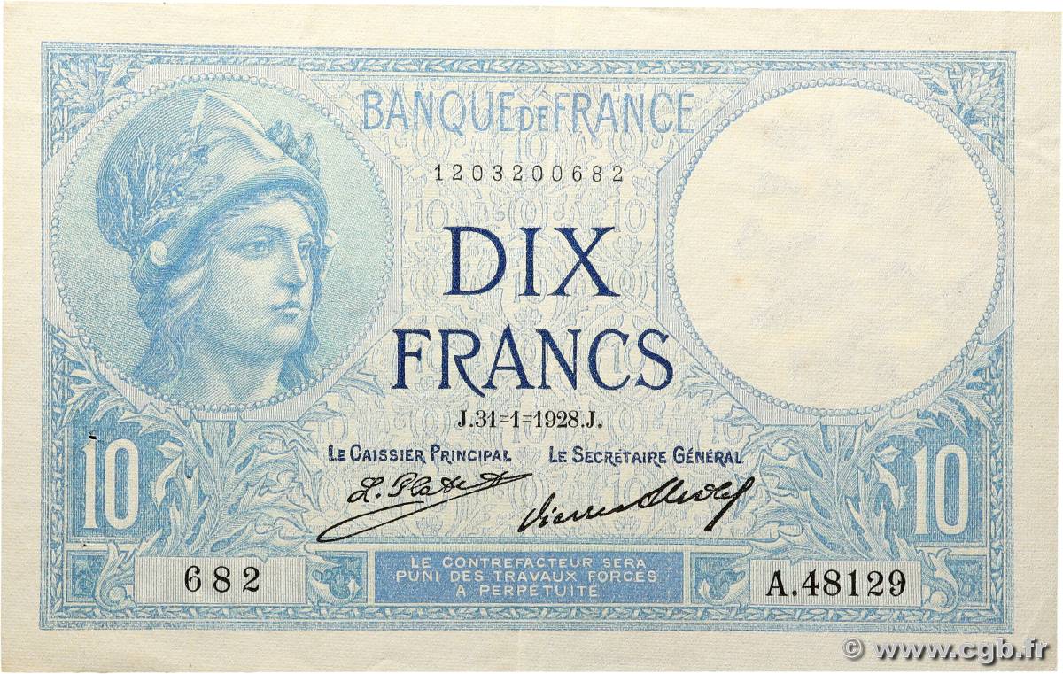 10 Francs MINERVE FRANCE  1928 F.06.13 XF