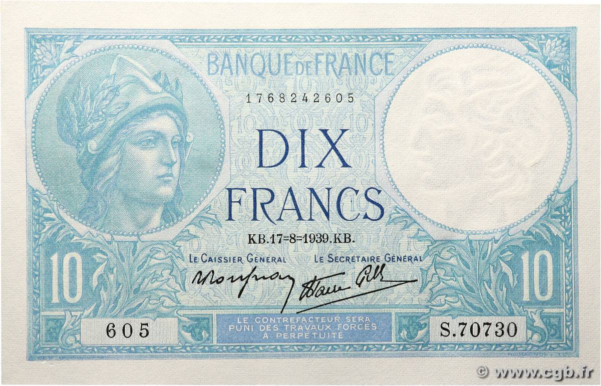 10 Francs MINERVE modifié FRANKREICH  1939 F.07.05 fST+