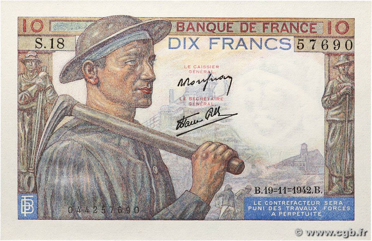 10 Francs MINEUR FRANCE  1942 F.08.05 UNC