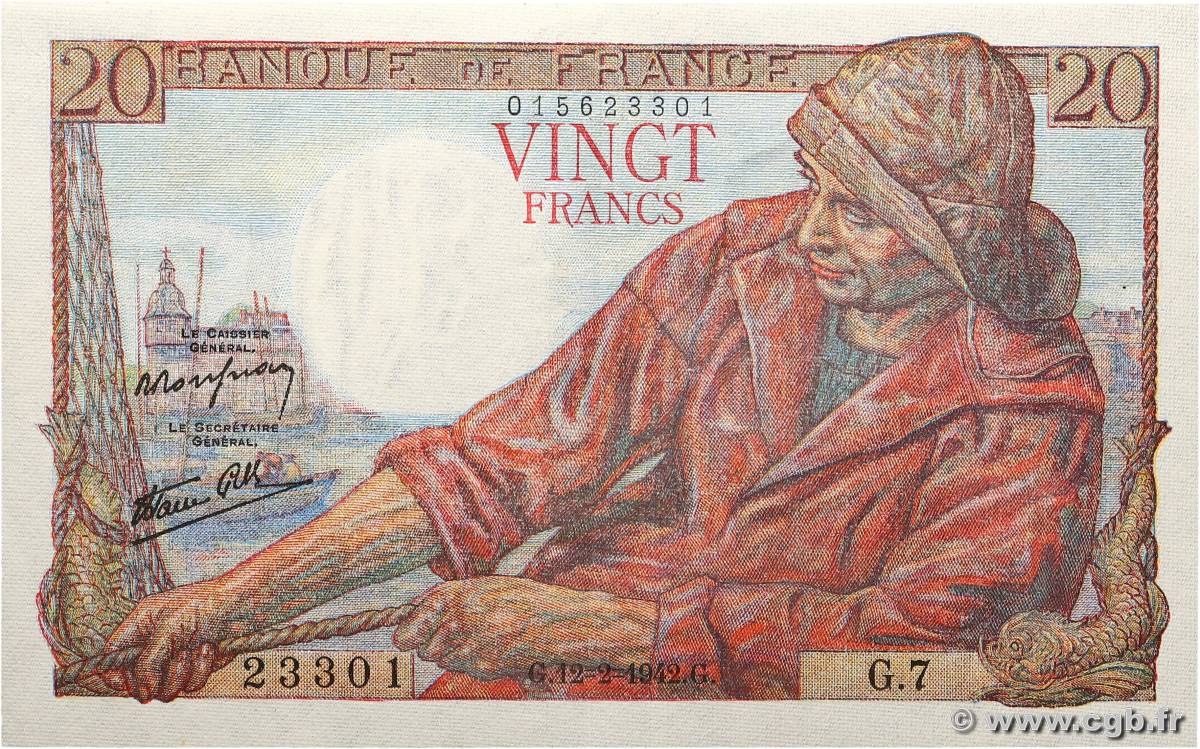 20 Francs PÊCHEUR FRANCE  1942 F.13.01 XF+