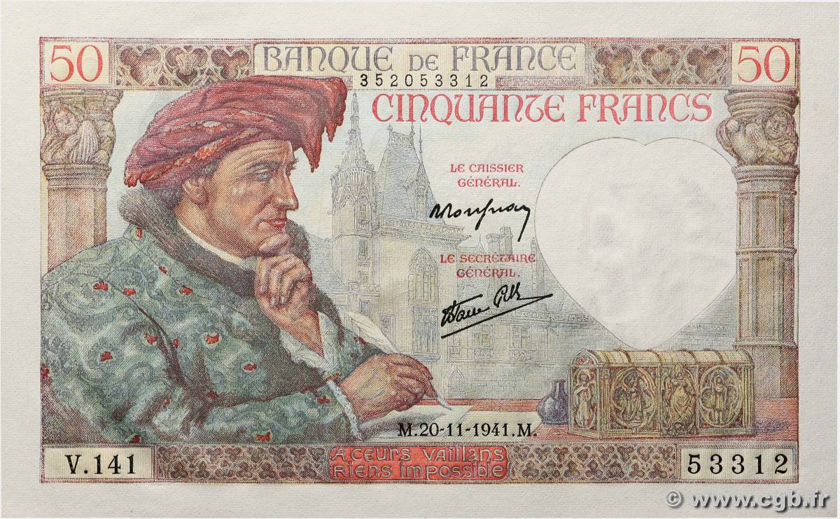 50 Francs JACQUES CŒUR FRANKREICH  1941 F.19.16 ST