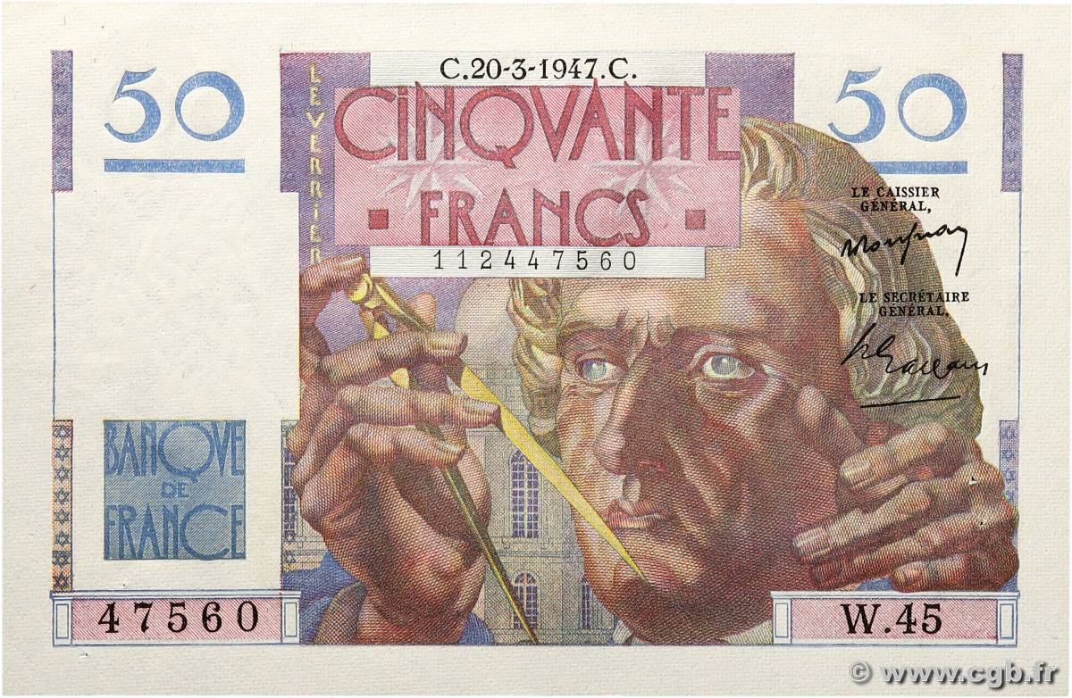 50 Francs LE VERRIER FRANCE  1947 F.20.07 pr.NEUF