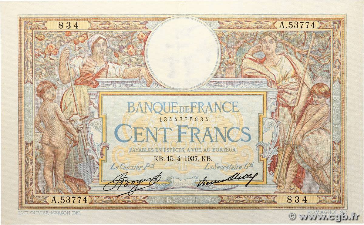 100 Francs LUC OLIVIER MERSON grands cartouches FRANCIA  1937 F.24.16 EBC