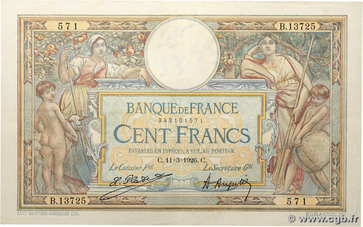 100 Francs LUC OLIVIER MERSON grands cartouches FRANCE  1926 F.24.04 TTB+