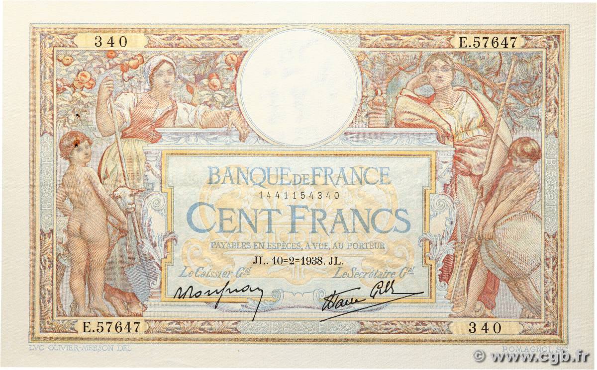 100 Francs LUC OLIVIER MERSON type modifié FRANCIA  1938 F.25.10 SPL