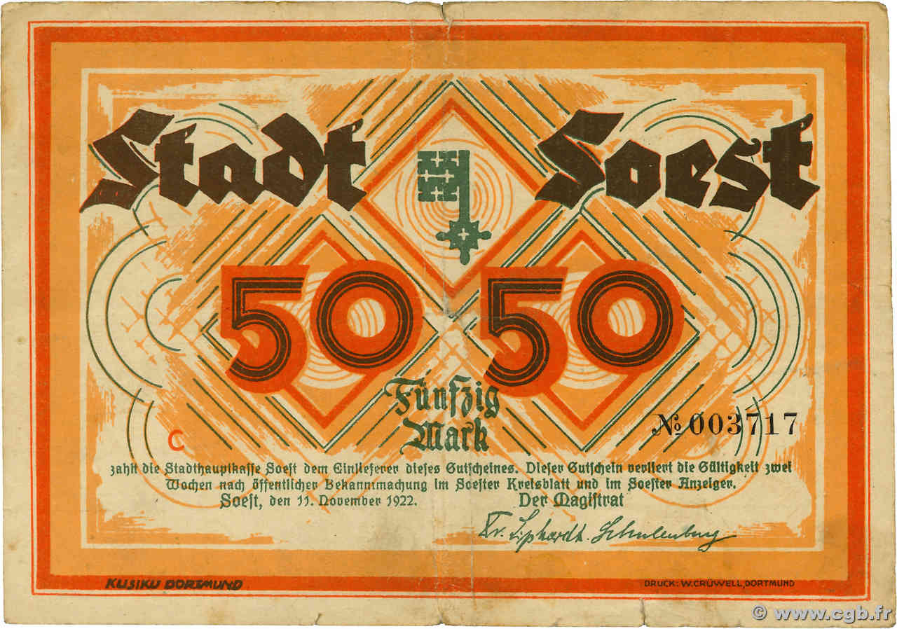 50 Mark GERMANIA Soest 1922 P.- BB