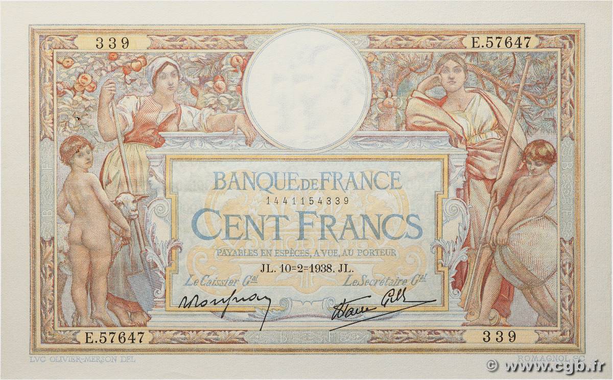 100 Francs LUC OLIVIER MERSON type modifié FRANCIA  1938 F.25.10 EBC+