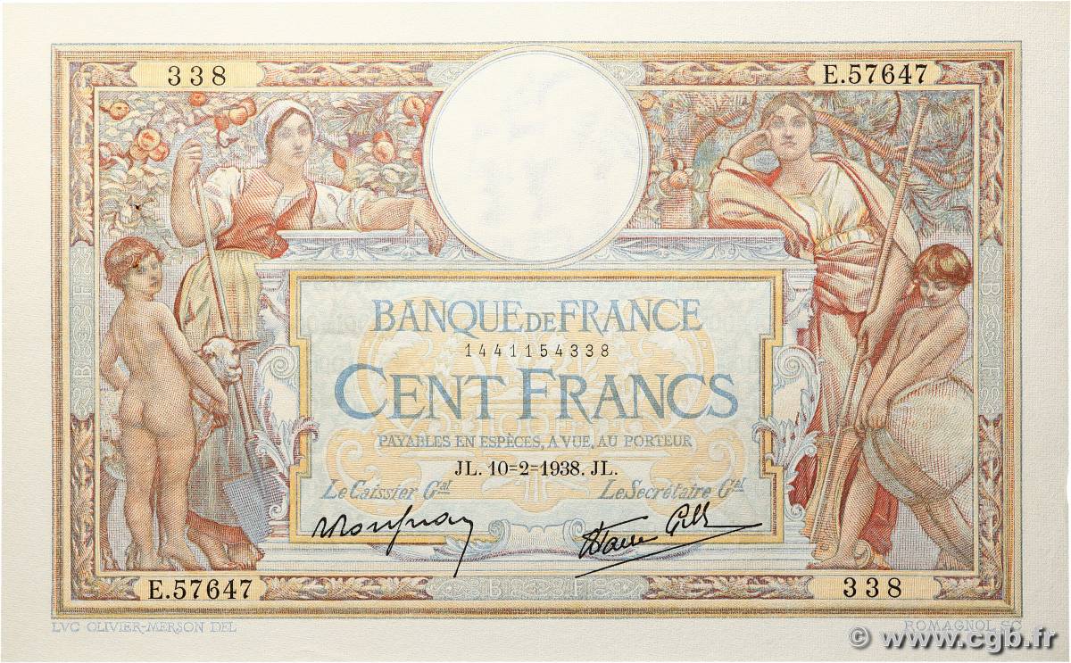 100 Francs LUC OLIVIER MERSON type modifié FRANCE  1938 F.25.10 XF+