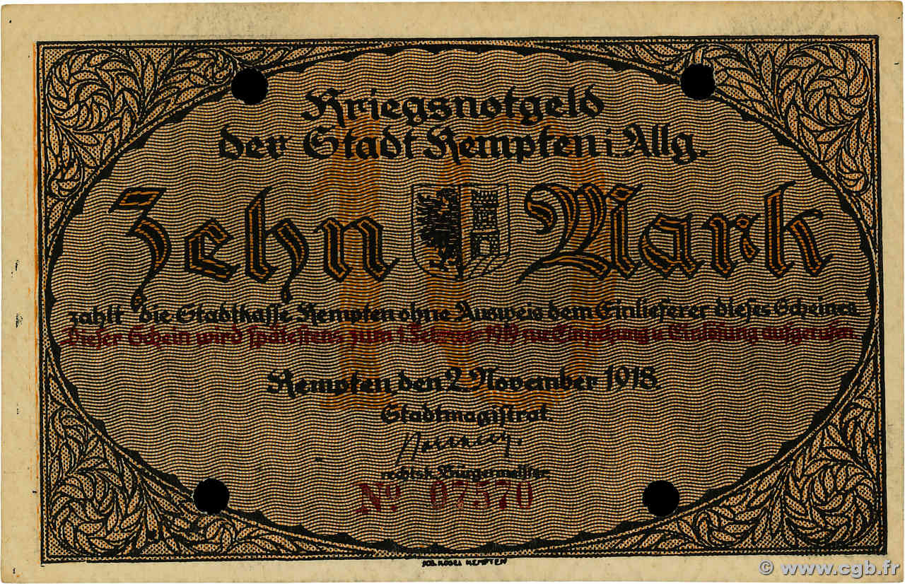 10 Mark GERMANIA Kempten 1918 P.- SPL