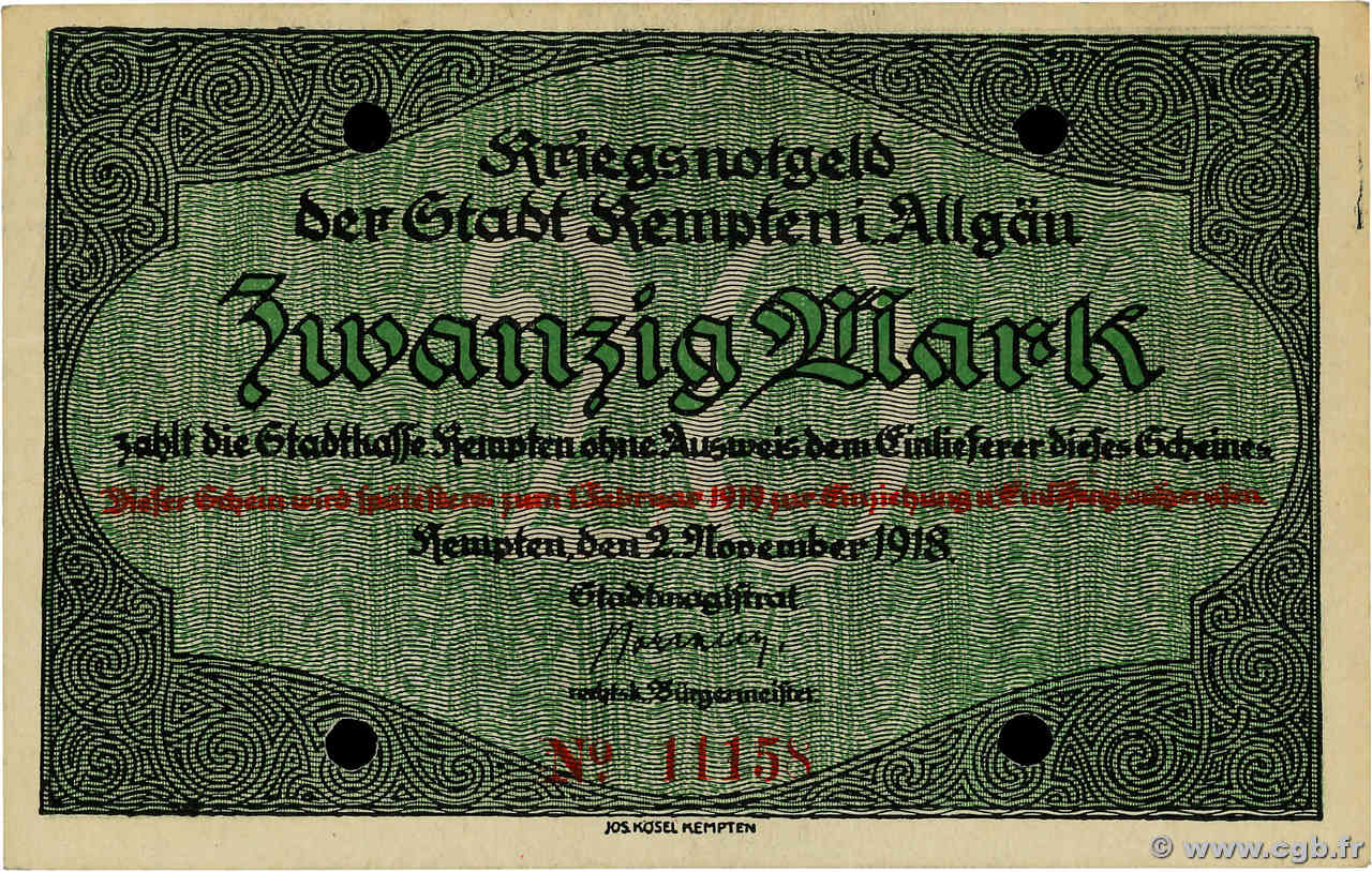 20 Mark DEUTSCHLAND Kempten 1918 P.- VZ