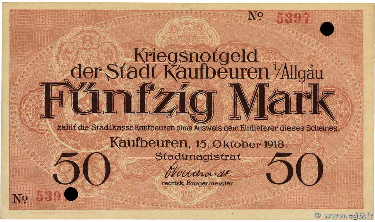 50 Mark Annulé GERMANY Kaufbeuren  1918 P.- AU