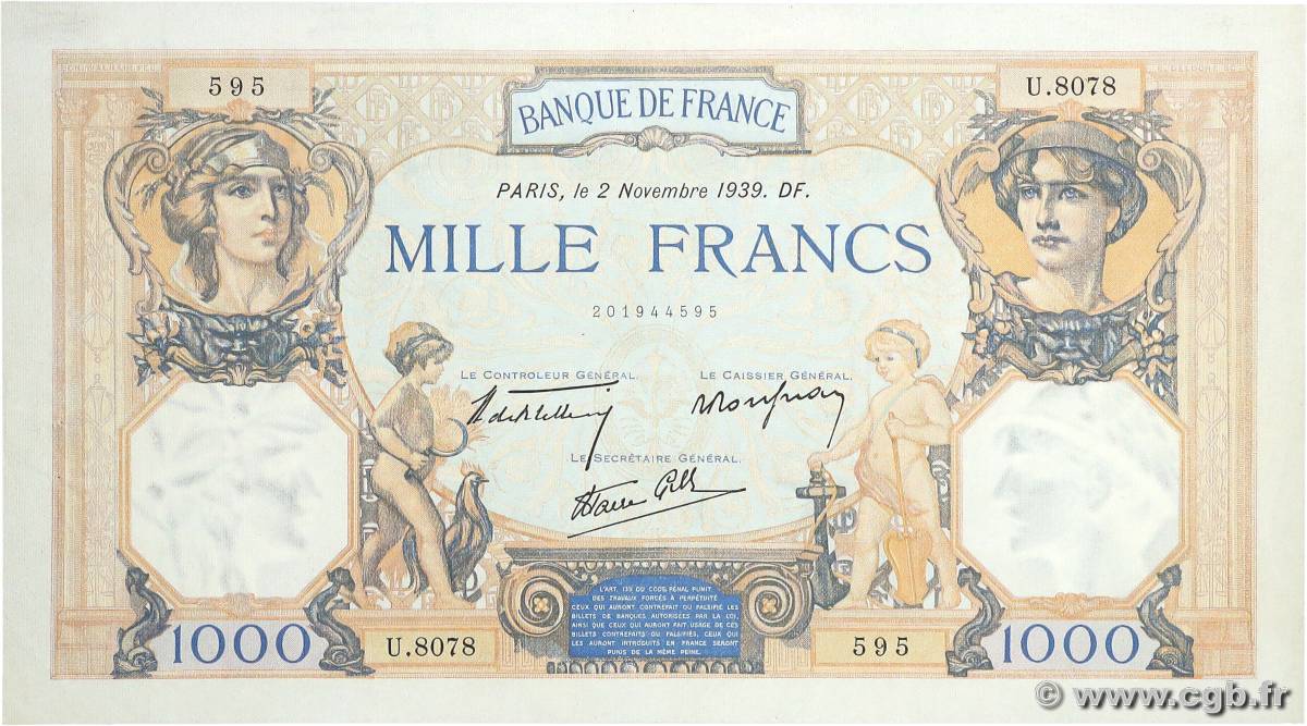 1000 Francs CÉRÈS ET MERCURE type modifié FRANCE  1939 F.38.38 XF+