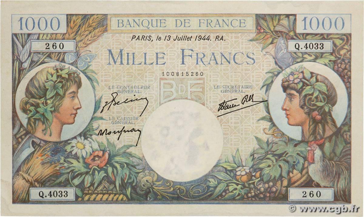 1000 Francs COMMERCE ET INDUSTRIE FRANCE  1944 F.39.11 AU