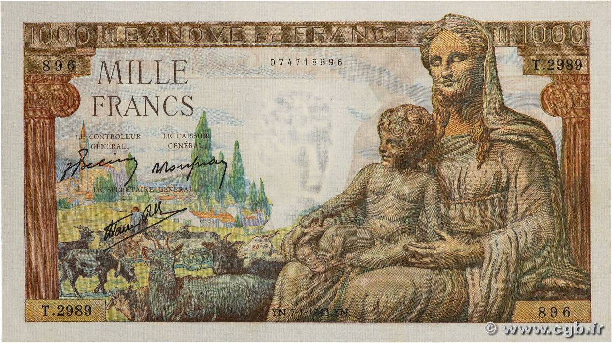 1000 Francs DÉESSE DÉMÉTER FRANCE  1943 F.40.15 NEUF