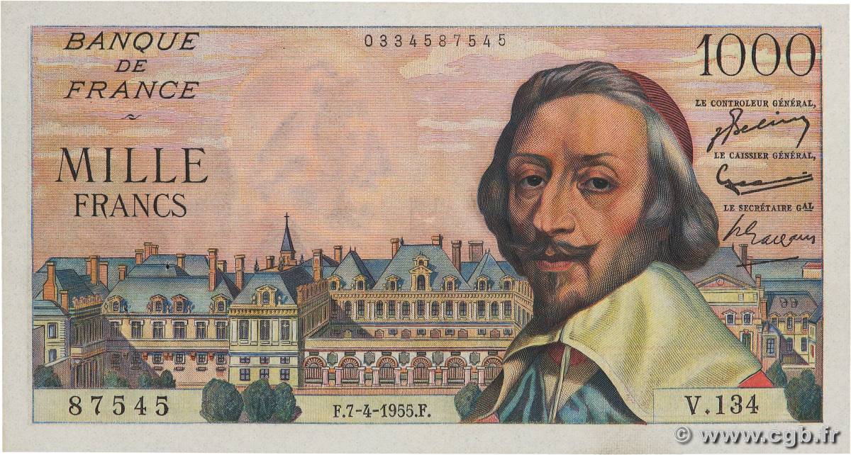 1000 Francs RICHELIEU FRANCE  1955 F.42.12 SUP+