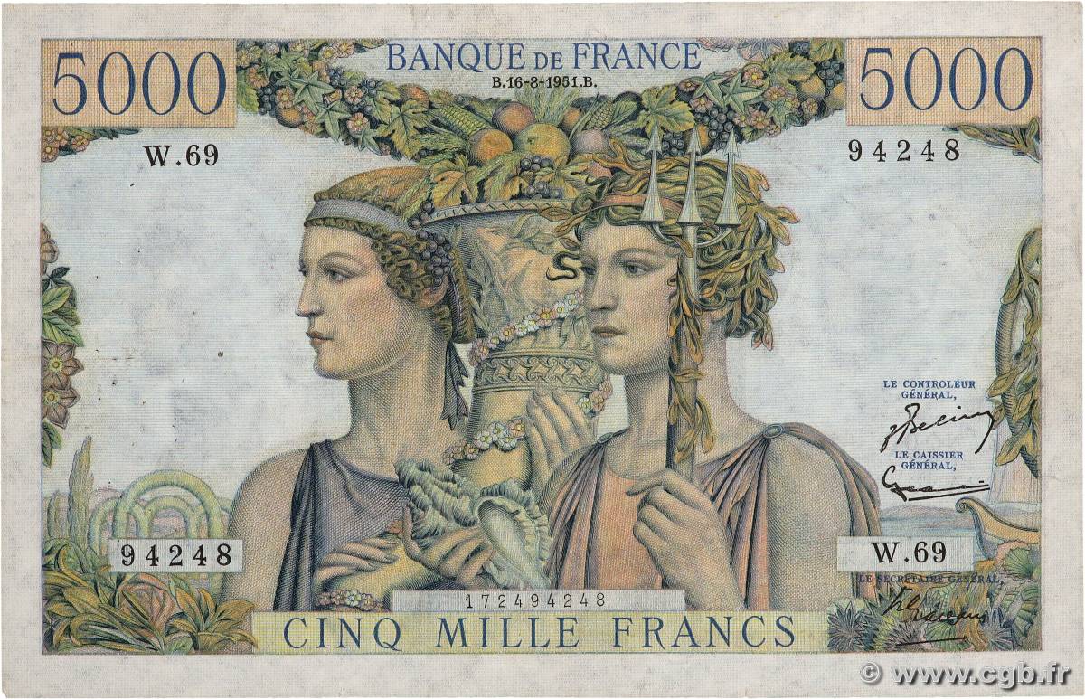 5000 Francs TERRE ET MER FRANCE  1951 F.48.05 F+