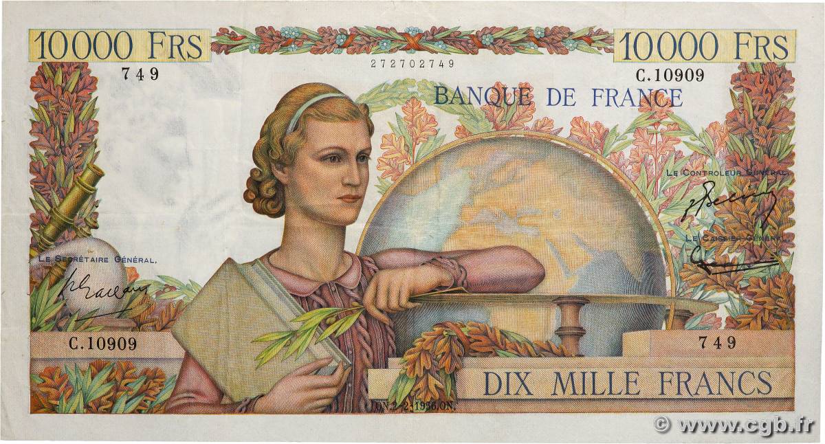 10000 Francs GÉNIE FRANÇAIS FRANCE  1956 F.50.79 pr.TTB