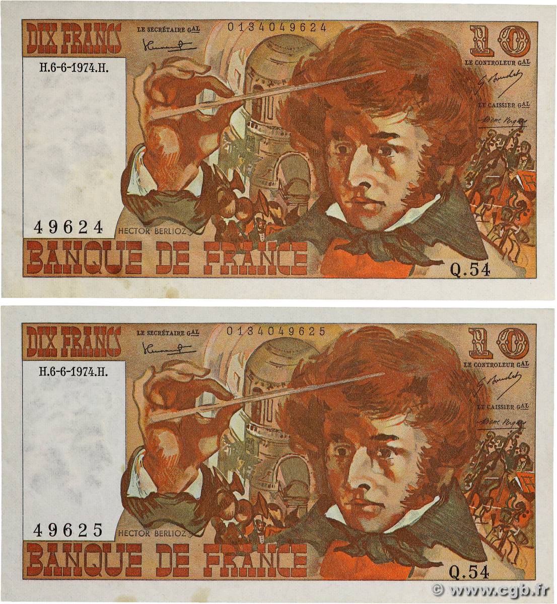 10 Francs BERLIOZ Consécutifs FRANCE  1974 F.63.05 SUP