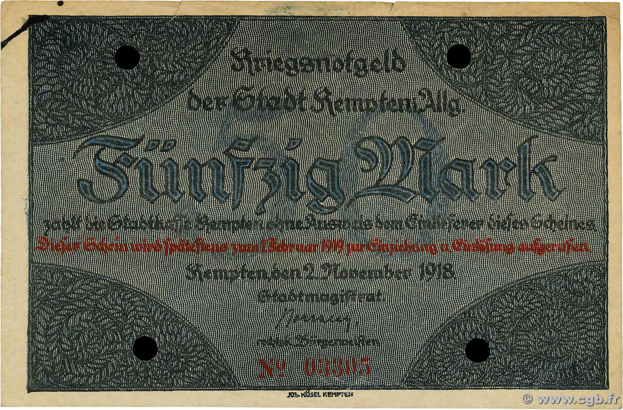 50 Mark GERMANY Kempten 1918 P.- VF+