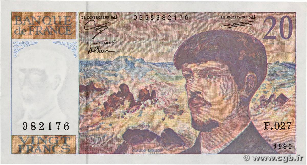 20 Francs DEBUSSY à fil de sécurité FRANCE  1990 F.66bis.01 UNC-