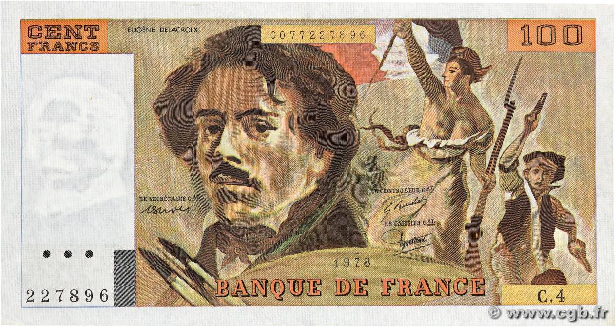 100 Francs DELACROIX modifié FRANCE  1978 F.69.01c SUP