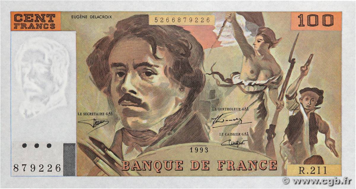 100 Francs DELACROIX imprimé en continu FRANCE  1993 F.69bis.05 NEUF