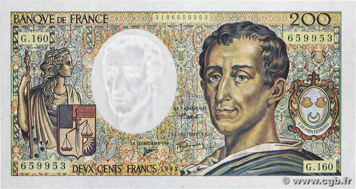 200 Francs MONTESQUIEU Modifié FRANCE  1994 F.70/2.01 UNC