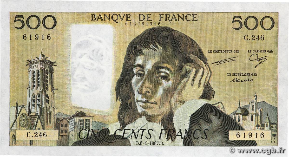 500 Francs PASCAL Numéro radar FRANCE  1987 F.71.35 AU